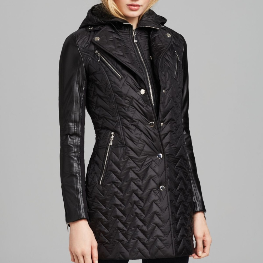 Dawn Levy Sly Black Quilted Coat Leather Sleeves
